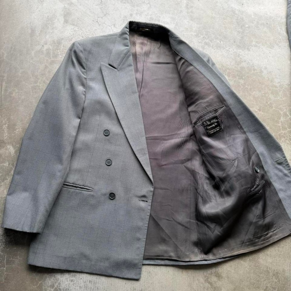 Vintage Milano Grey Double Breasted Houndstooth plaid full suit jacket and pants - Picture 5 of 8